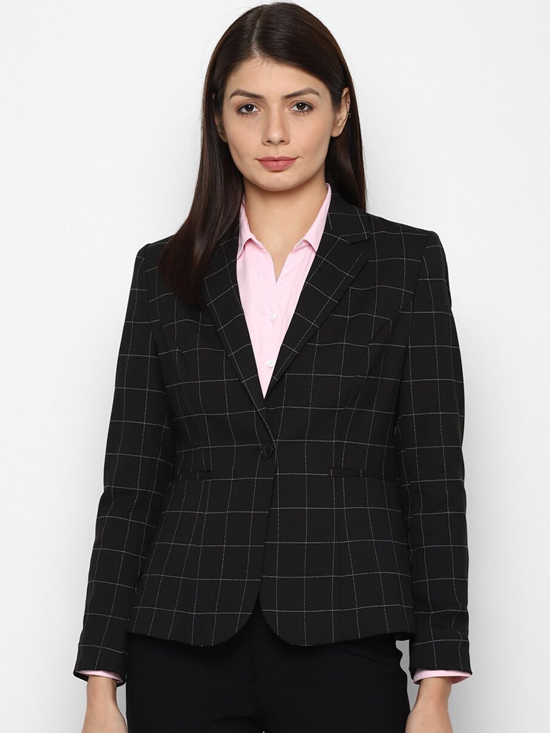 Allen Solly Woman Black Checked Single Breasted Blazer Price in India