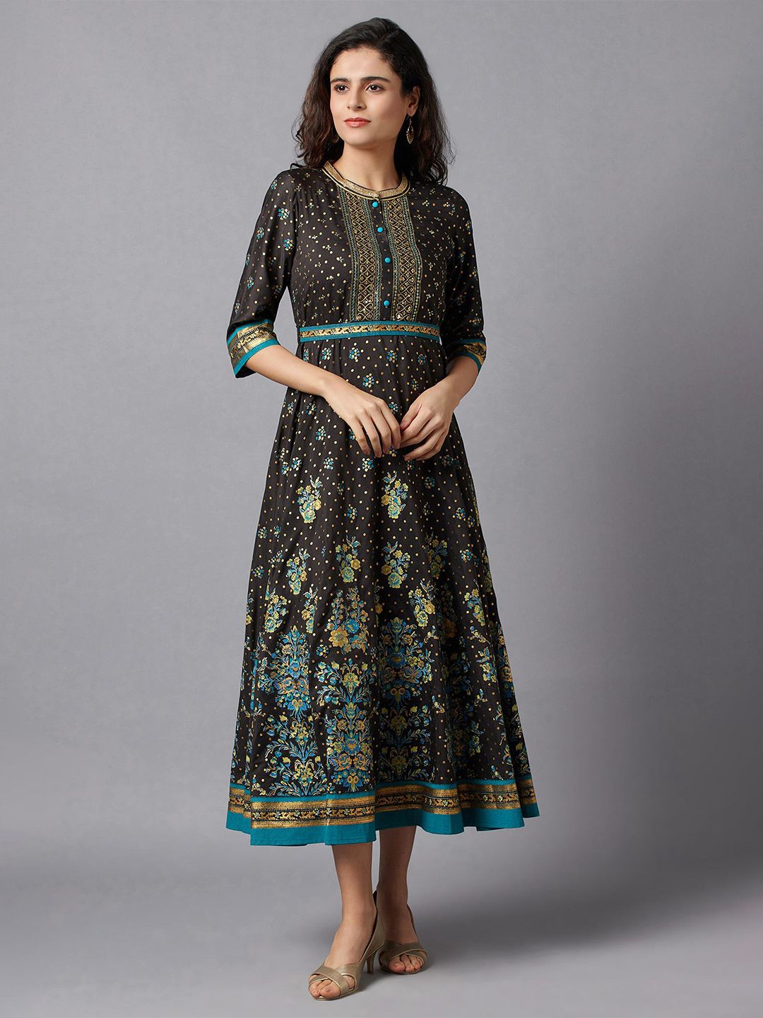 AURELIA Women Black & Gold-Toned Embellished A-Line Midi Dress Price in India