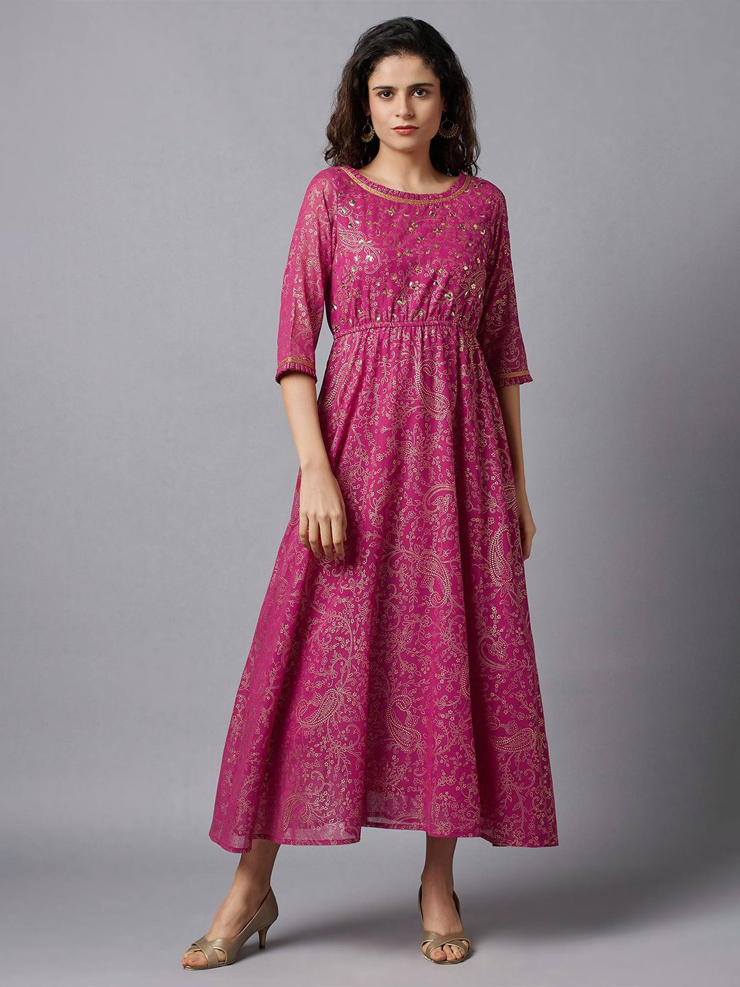 AURELIA Pink Ethnic Motifs Embellished Three-Quarter Sleeves Maxi Dress Price in India
