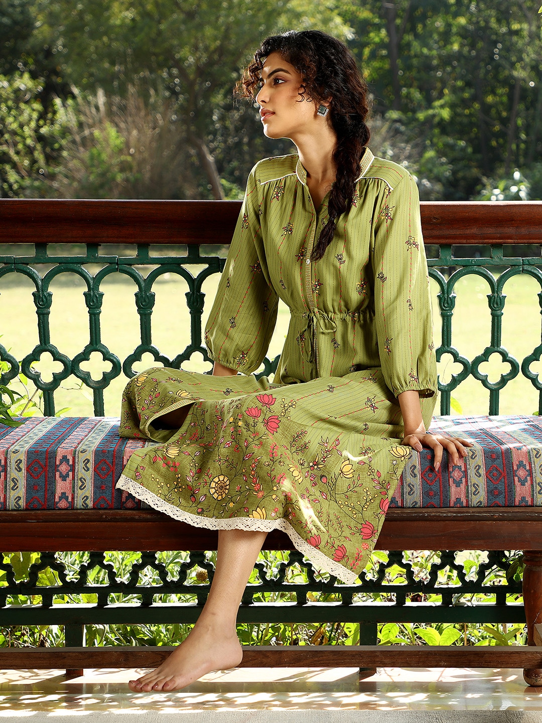 AURELIA Olive Green Ethnic Motifs A-Line Midi Dress Price in India