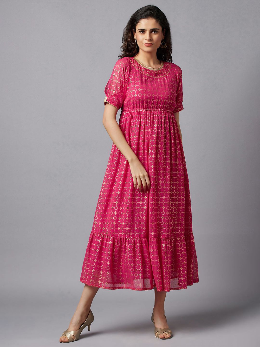 AURELIA Fuchsia & Gold-Toned Ethnic Motifs Ethnic Midi Dress Price in India