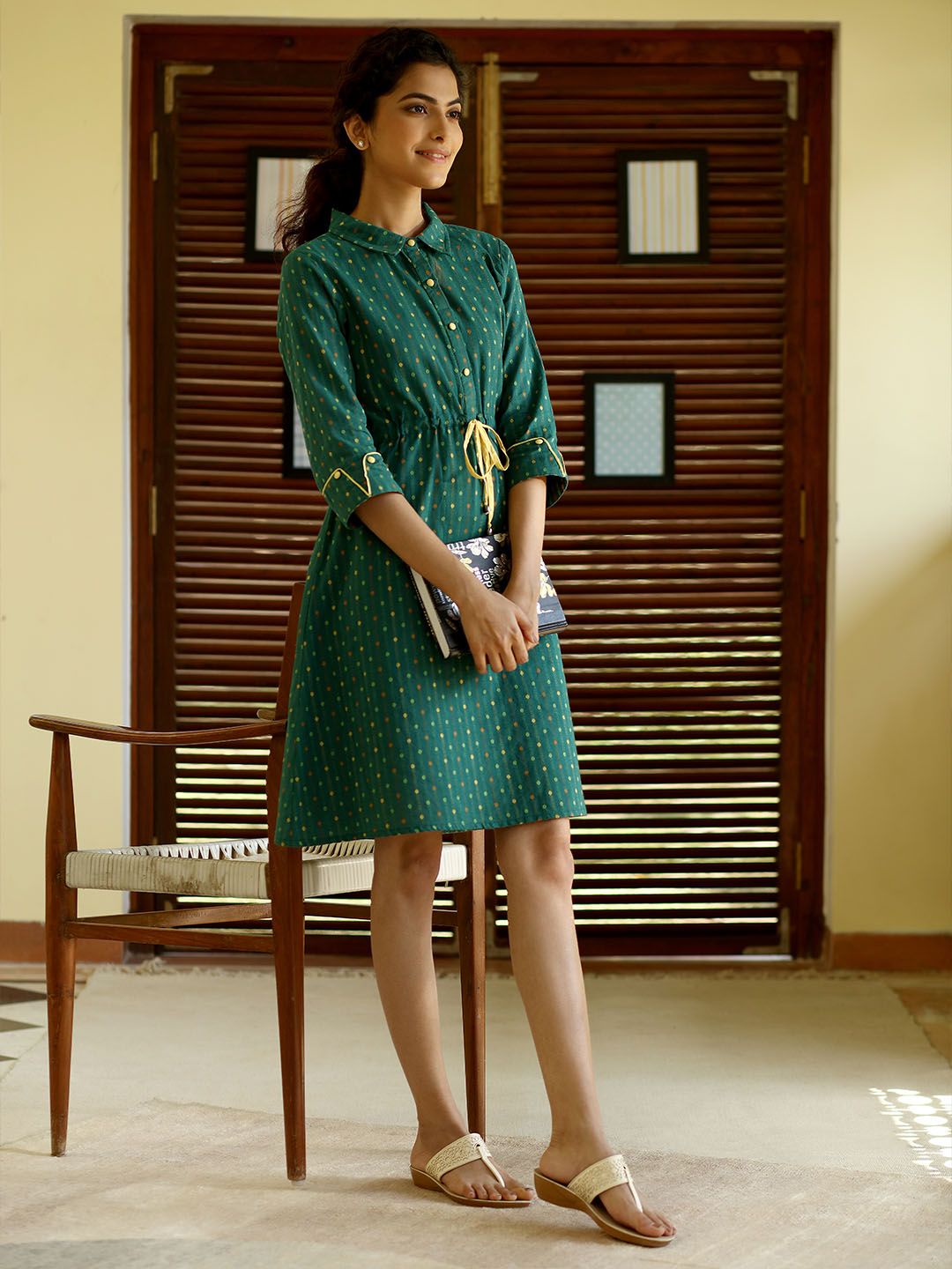 AURELIA Green Printed Pure Cotton A-Line Dress Price in India