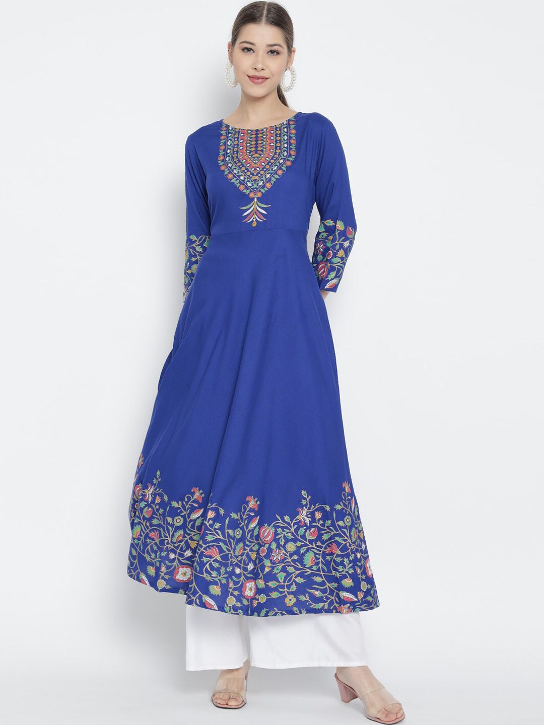 YASH GALLERY Women Blue Floral Printed Anarkali Kurti Price in India