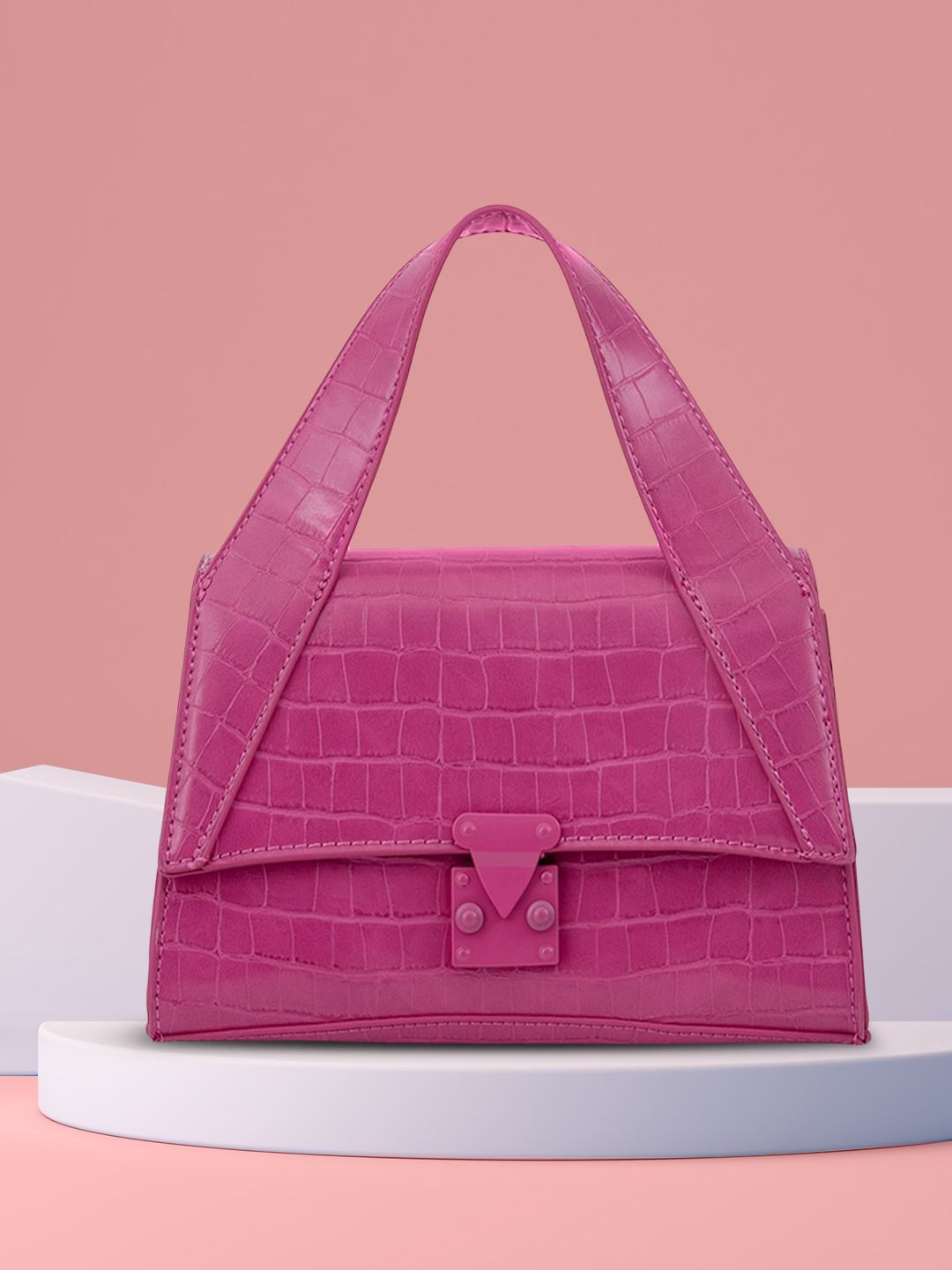 MIRAGGIO Pink Croc-Textured Structured Satchel Bag with Sling Strap Price in India