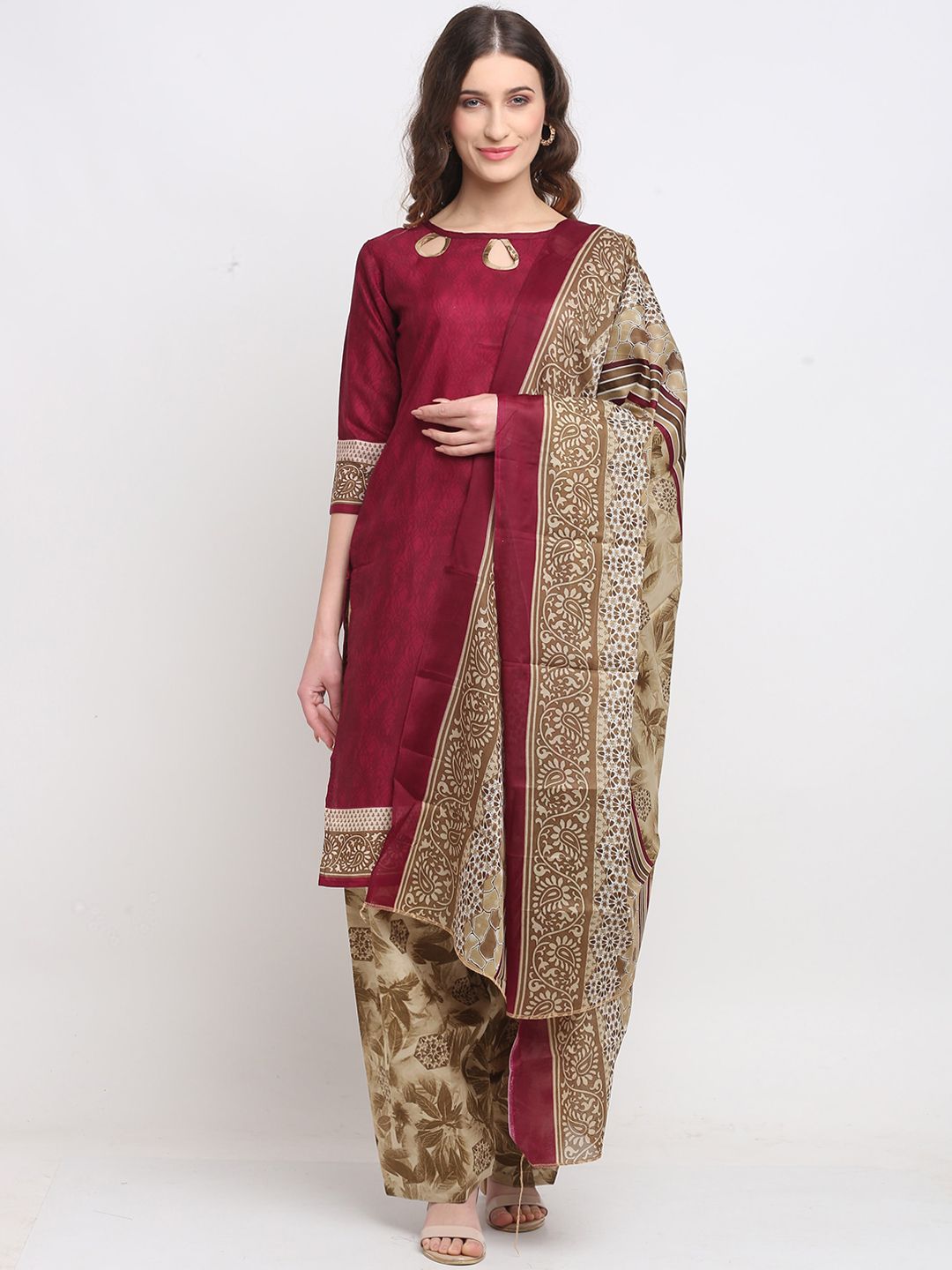 Rajnandini Women Purple & Beige Floral Printed Kurta with Palazzos & Dupatta Price in India