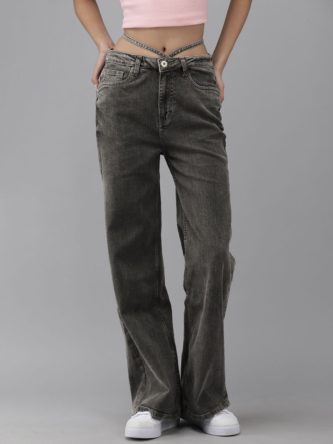 The Roadster Lifestyle Co Women Grey Wide Leg Stretchable Jeans Price in India