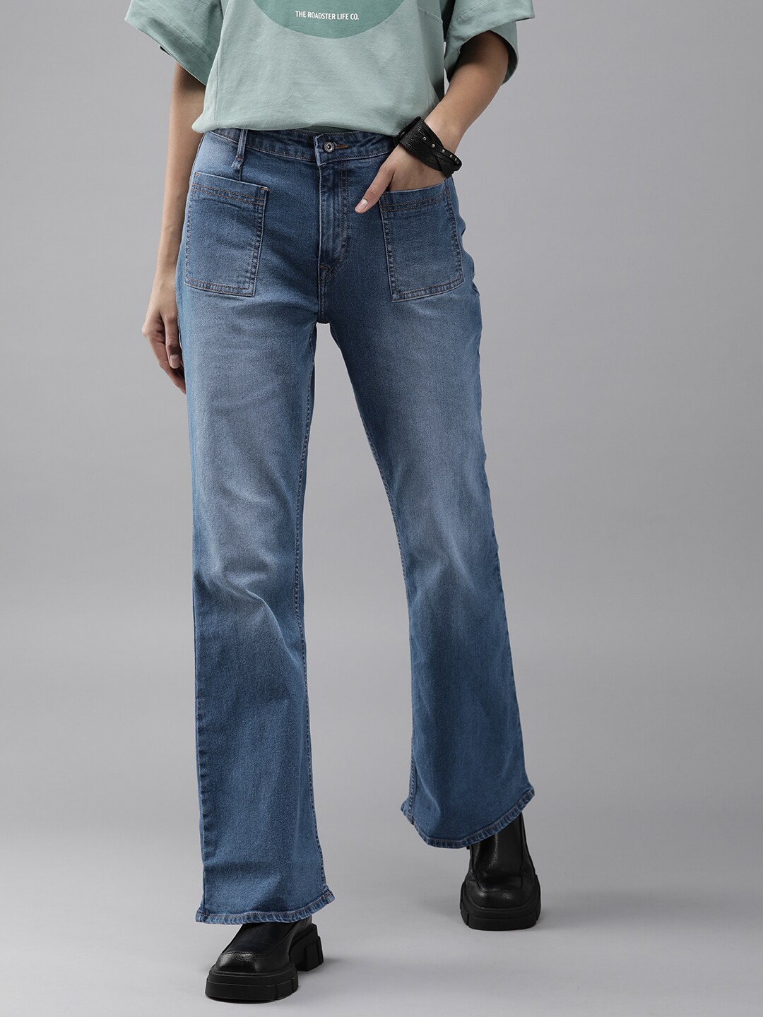 The Roadster Lifestyle Co Women Blue Flared High-Rise Heavy Fade Stretchable Jeans Price in India