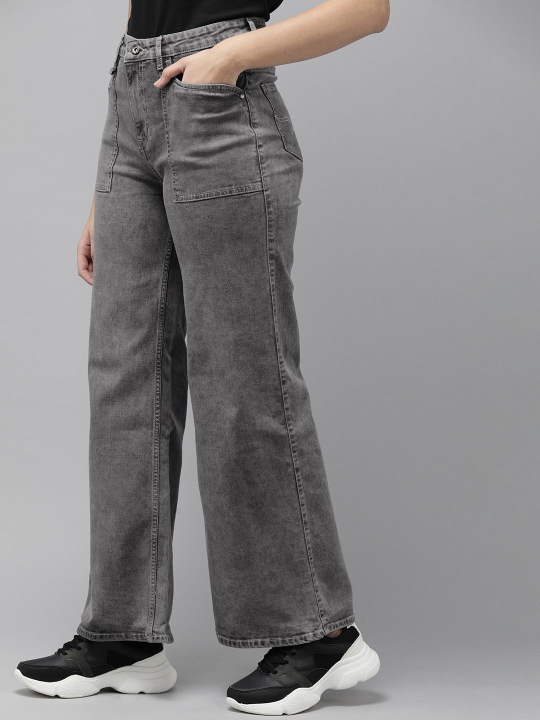 Roadster Women Grey Wide Leg High-Rise Heavy Fade Stretchable Jeans Price in India