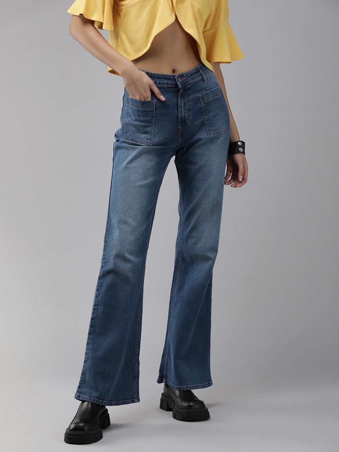 The Roadster Lifestyle Co Women Blue Flared High-Rise Light Fade Stretchable Jeans Price in India