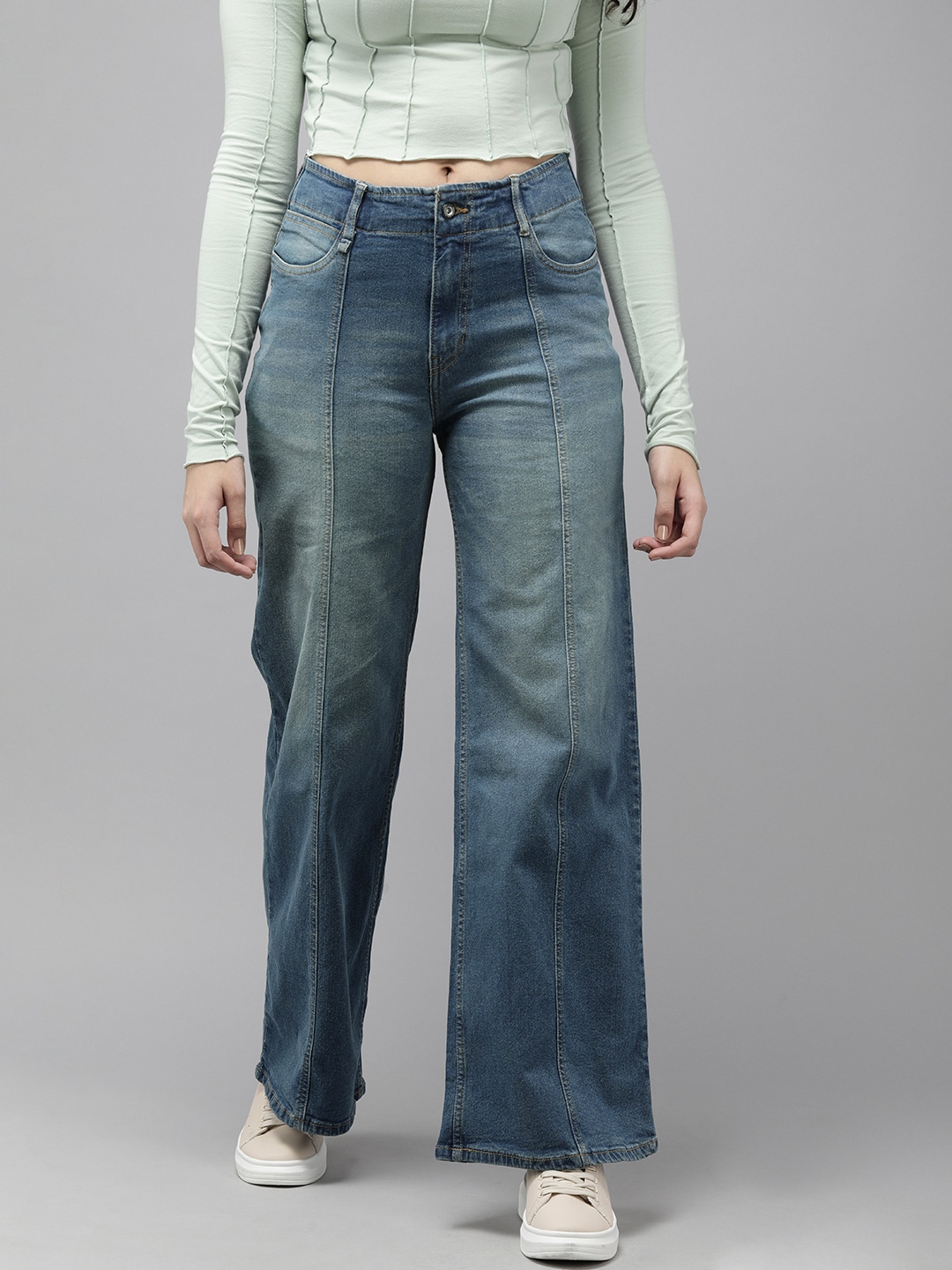 Roadster Women Blue Wide Leg High-Rise Heavy Fade Stretchable Jeans with Cut & Sew Detail Price in India