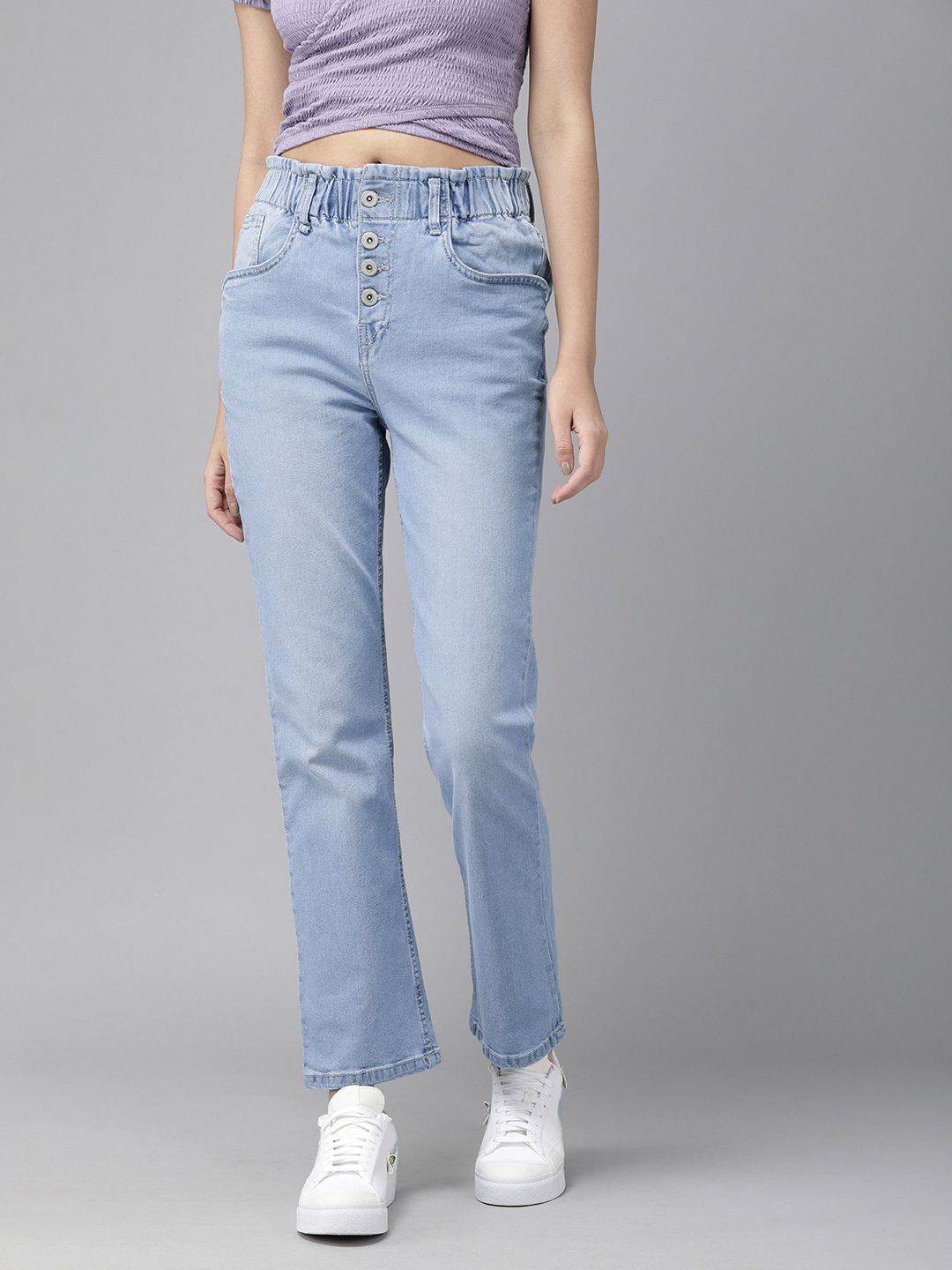 The Roadster Lifestyle Co. Women Blue Straight Fit Paper Bag High-Rise Light Fade Jeans Price in India