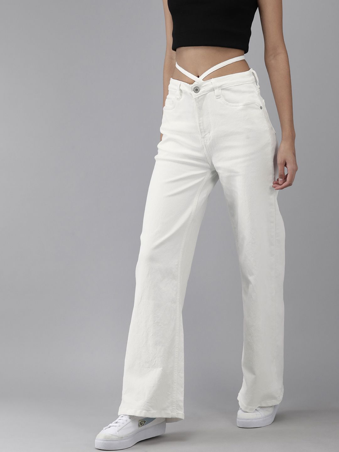 Roadster Women White Wide Leg High-Rise Stretchable Jeans With Tie-up Detail At the Waist Price in India