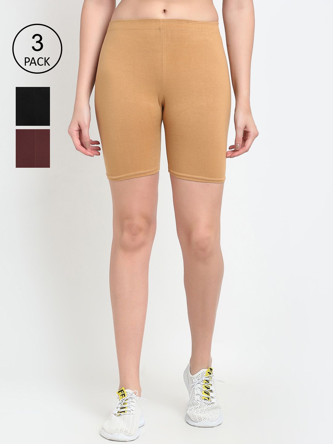 GRACIT WomenPack of 3 Beige Brown & Black Biker Shorts Price in India
