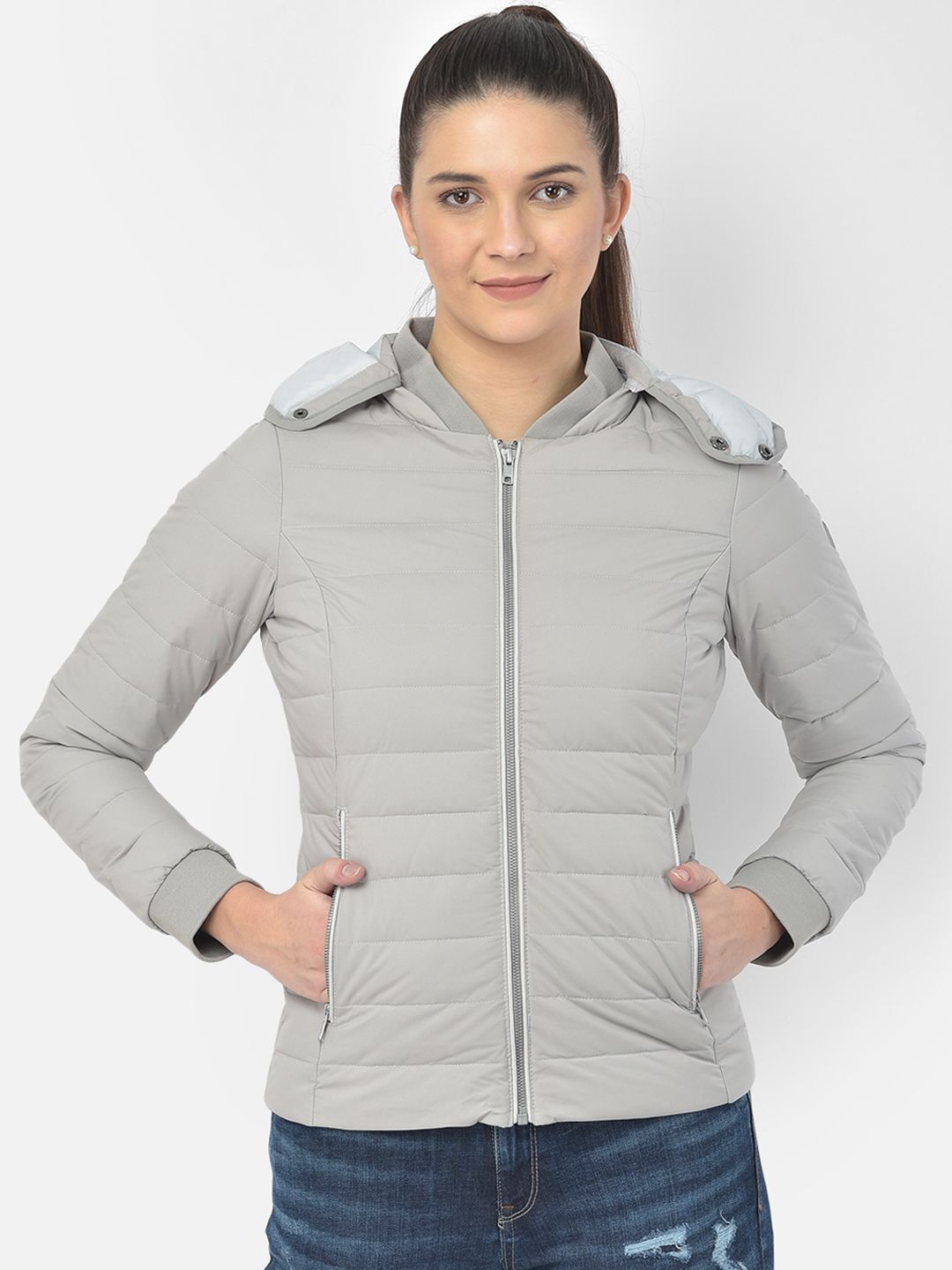Woods Women Grey Water Resistant Puffer Jacket with Patchwork Price in India