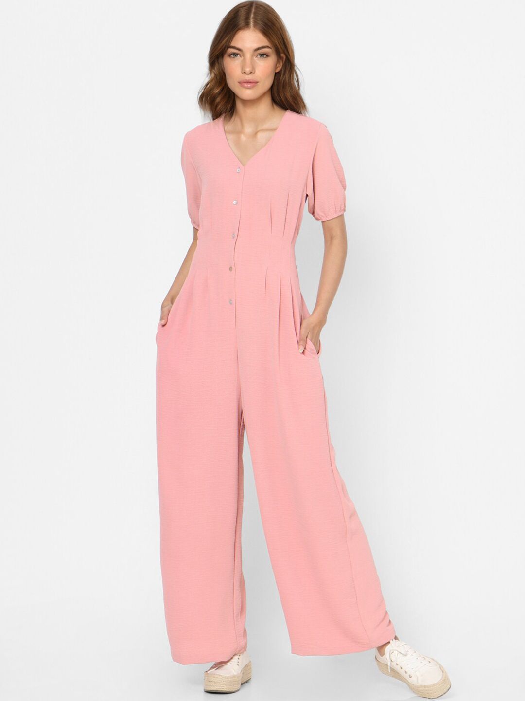 ONLY Women Pink Solid Short Sleeves Basic Jumpsuit Price in India