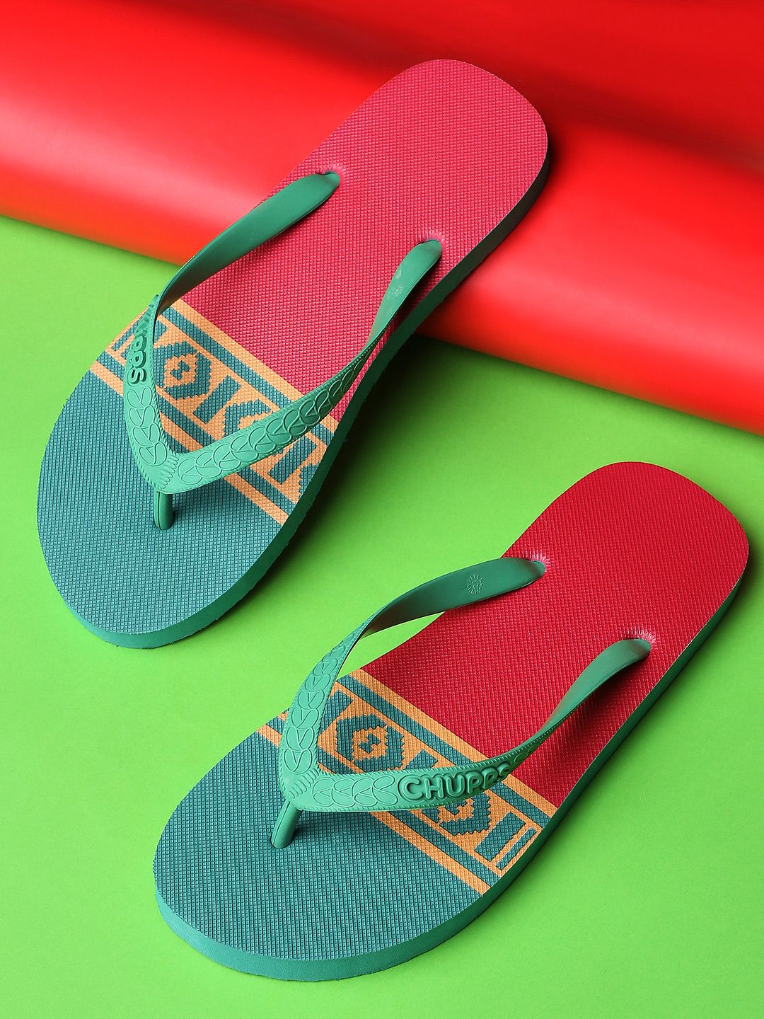 CHUPPS Women Kaleen Kharad Green & Red Printed Natural Rubber Thong Flip-Flops Price in India