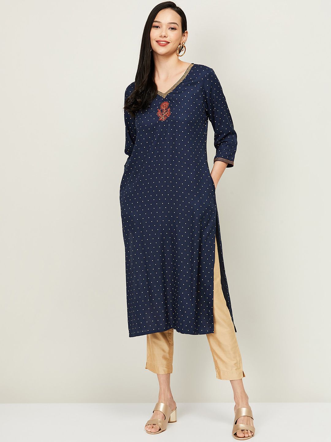 Melange by Lifestyle Women Navy Blue Printed Thread Work Kurta Price in India
