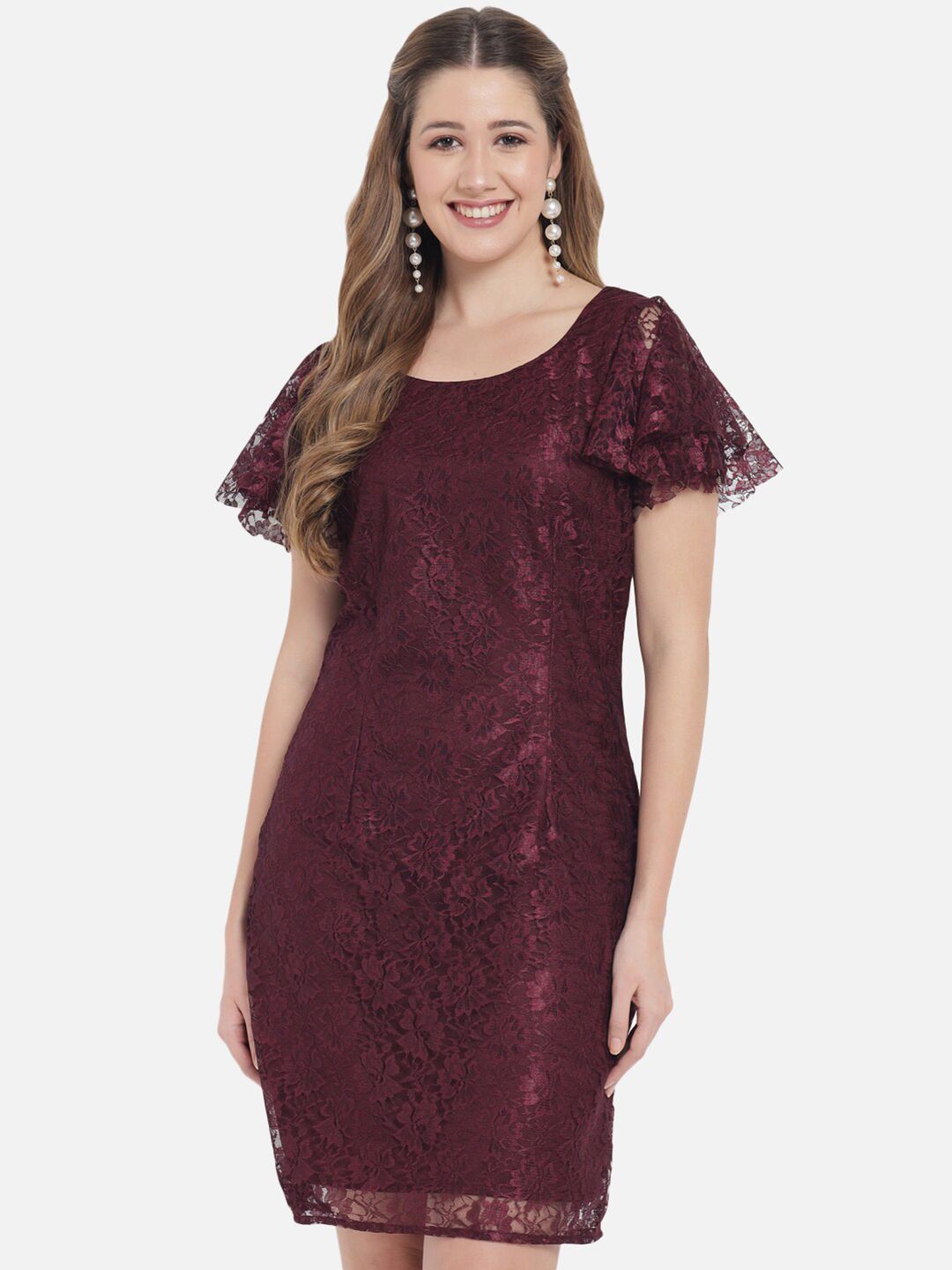 Just Wow Maroon Lace Sheath Dress Price in India