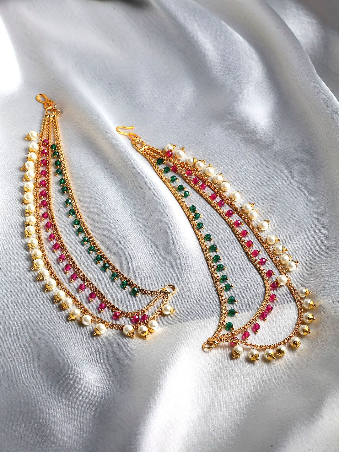 ZENEME Set of 2 Gold-Plated Multicoloured Stone-Studded Floral Ear Chain Price in India