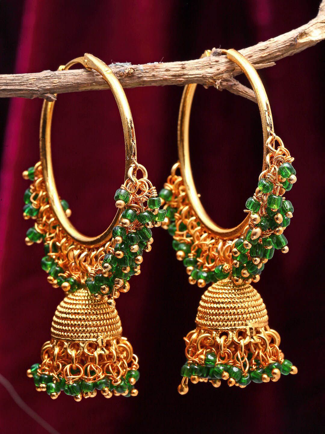ZENEME Gold-Toned & Green Dome Shaped Jhumkas Earrings Price in India