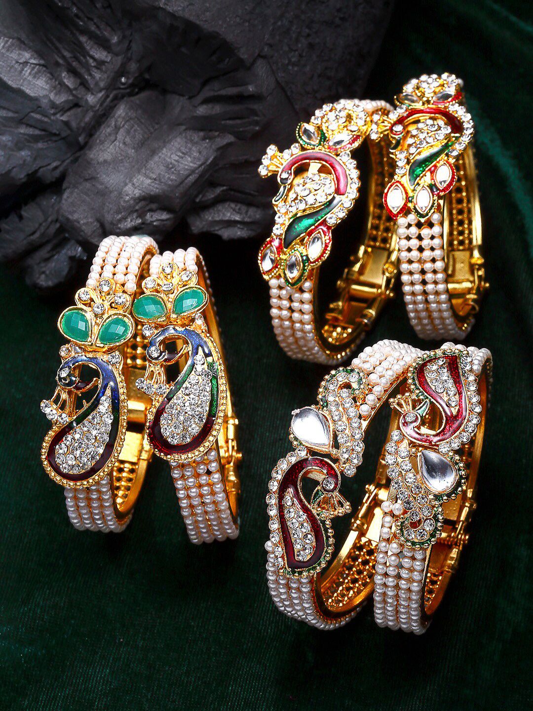 ZENEME Women 6 Gold-Toned & Green Brass Gold-Plated Kada Bracelet Price in India