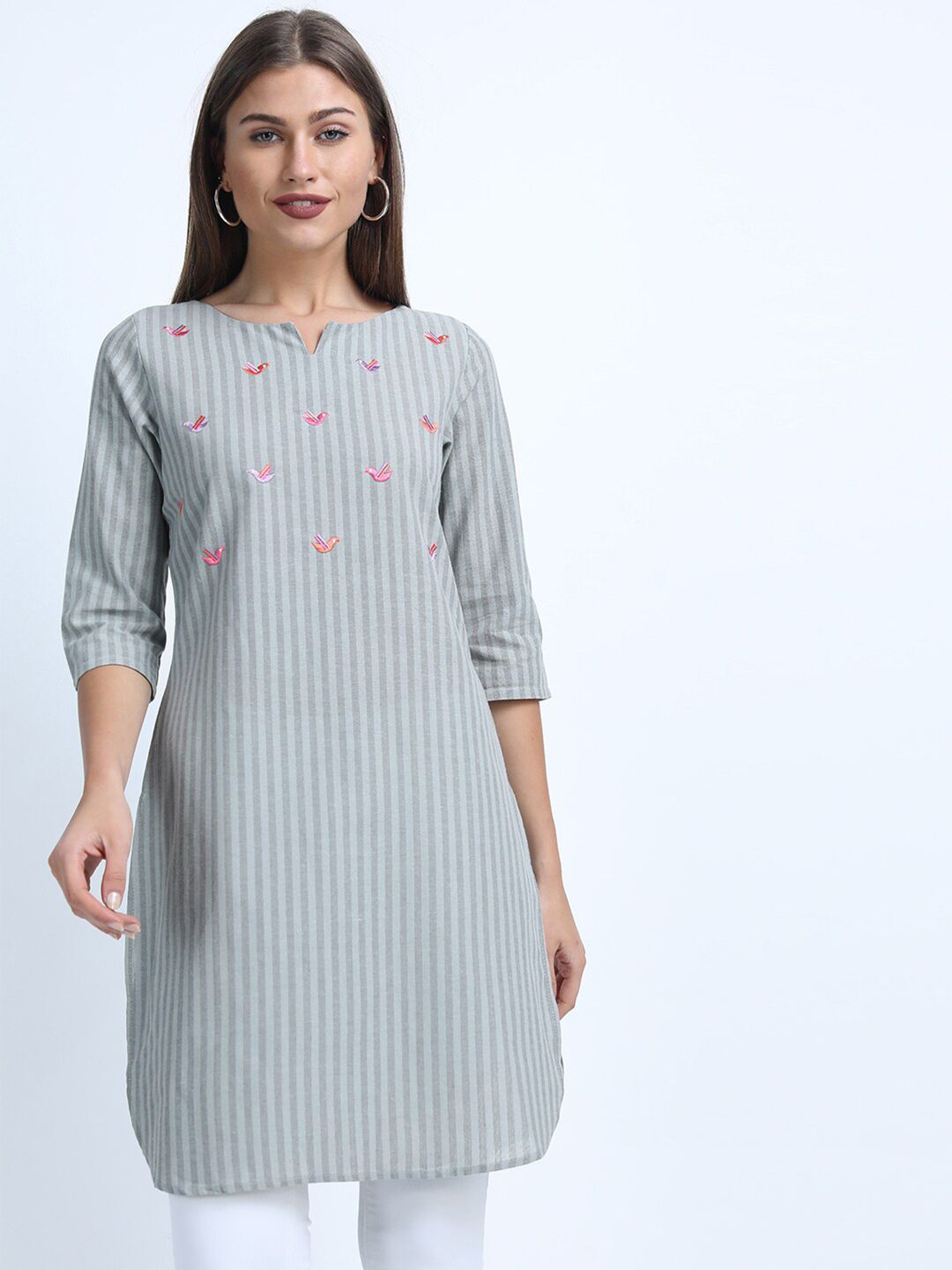 Vishudh Women Grey Striped Three-quarter Sleeves Tunic Price in India