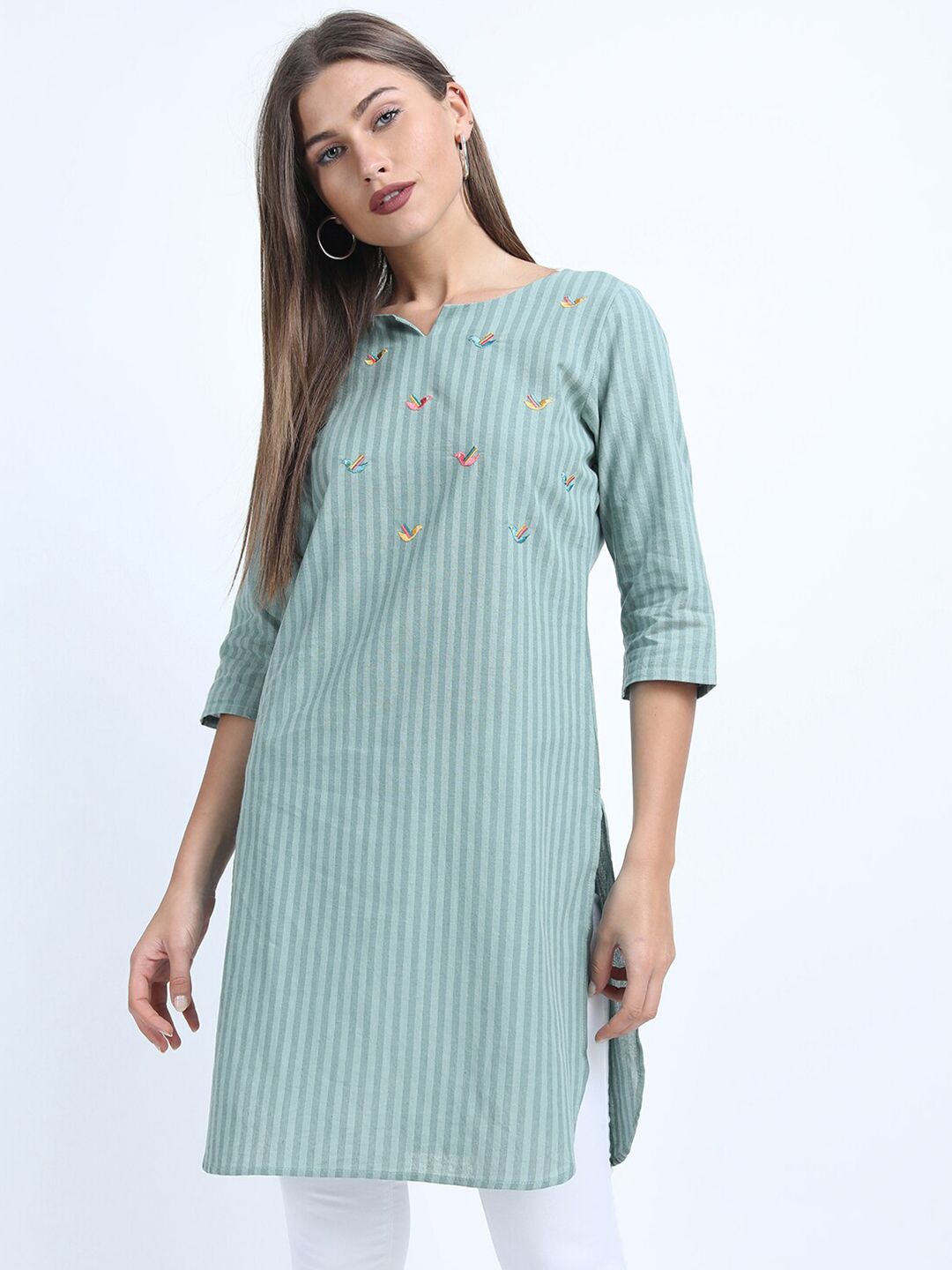 Vishudh Women Blue Striped Embroidered Straight Tunic Price in India