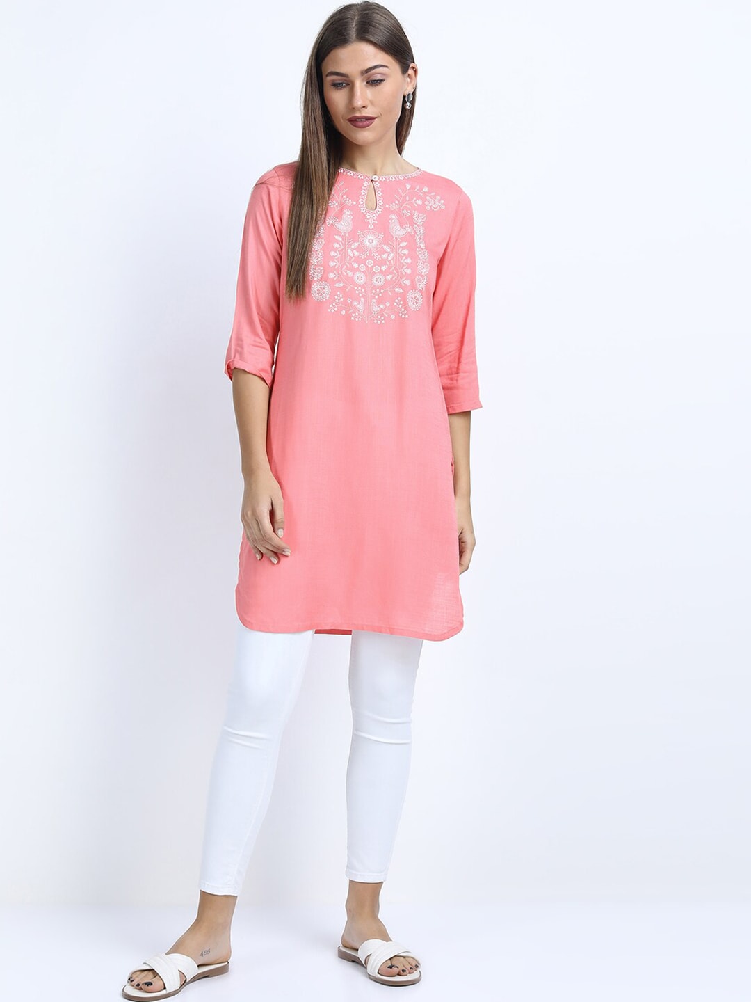 Vishudh Pink & White Viscose Rayon Printed Tunic Price in India