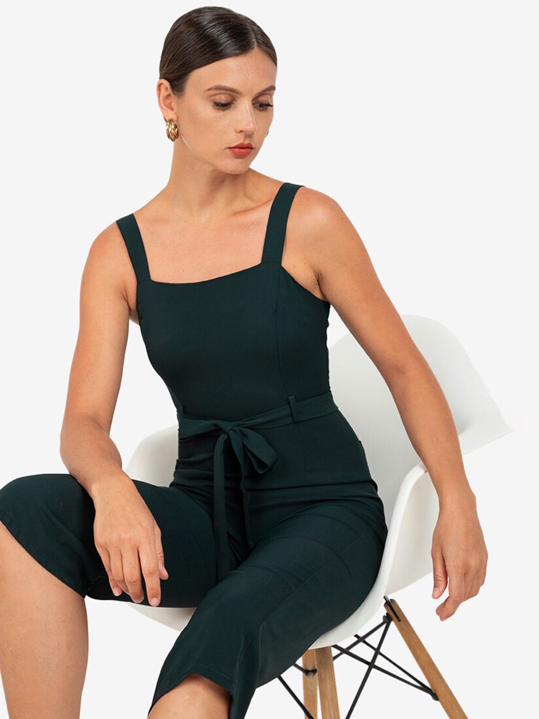 ZALORA WORK Women Green Solid Shoulder Strap Capri Jumpsuit Price in India