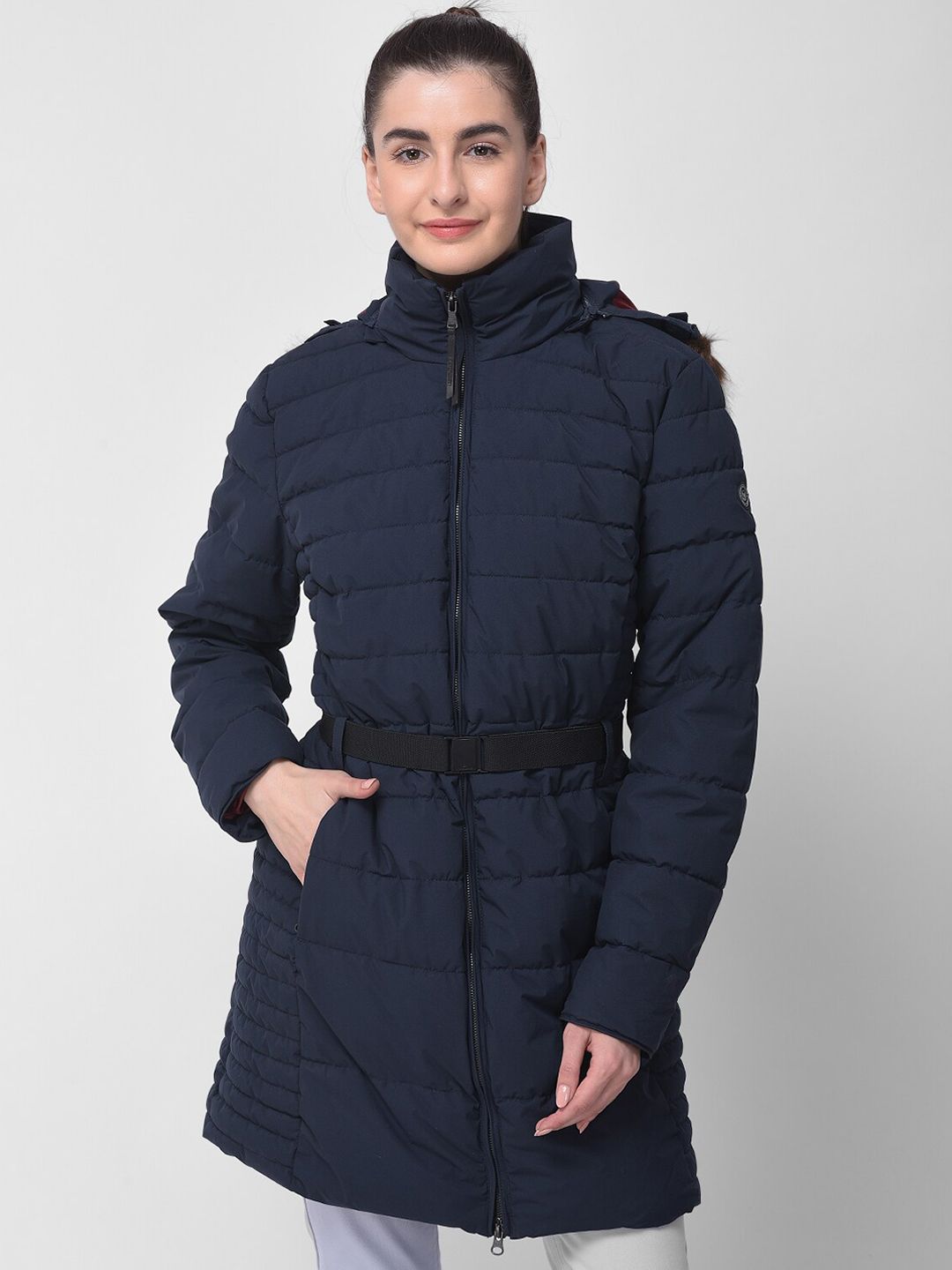Woodland Women Navy Blue Water Resistant Longline Padded Jacket Price in India
