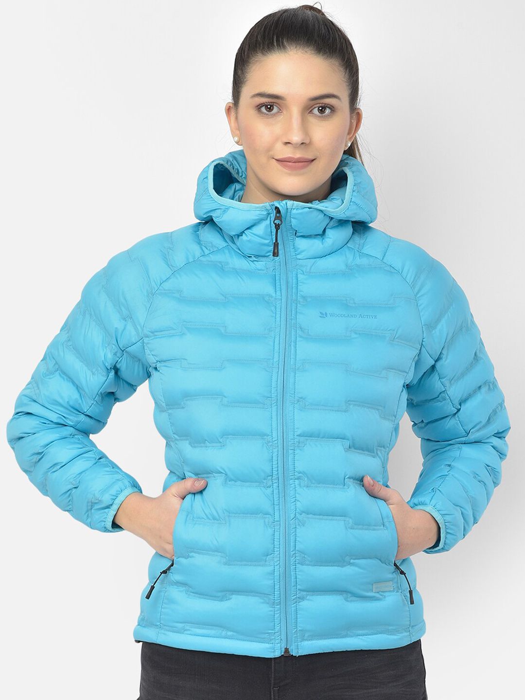 Woodland Women Blue Solid Water Resistant Puffer Jacket Price in India
