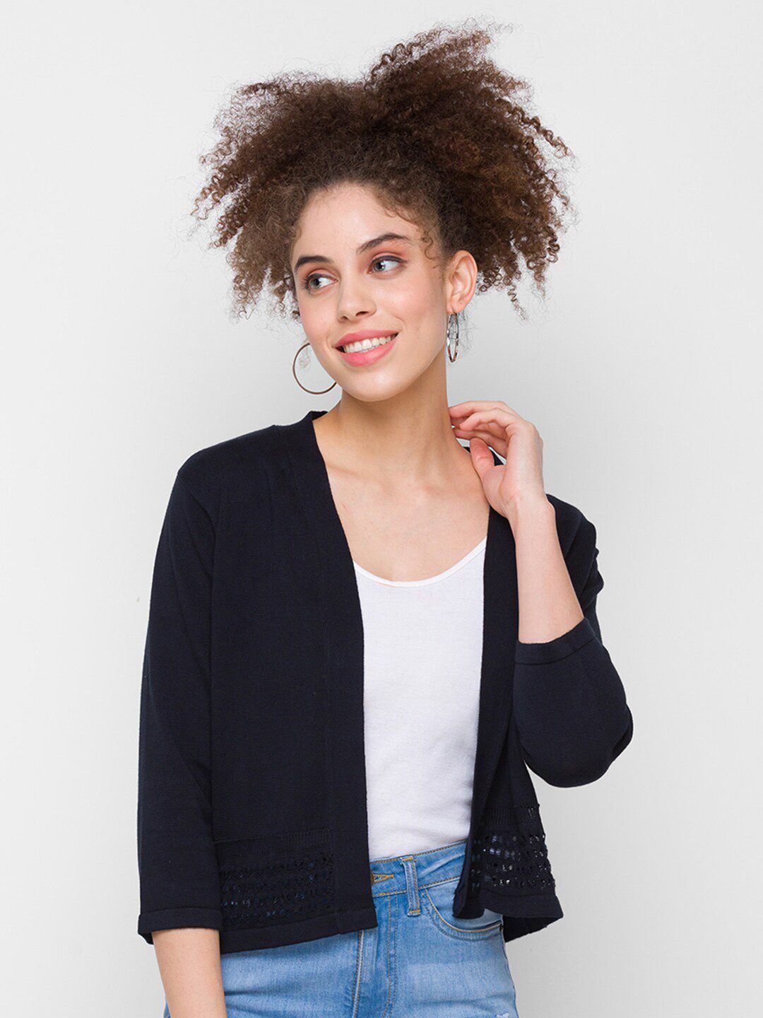 Globus Women Black Self Design Crop Shrug