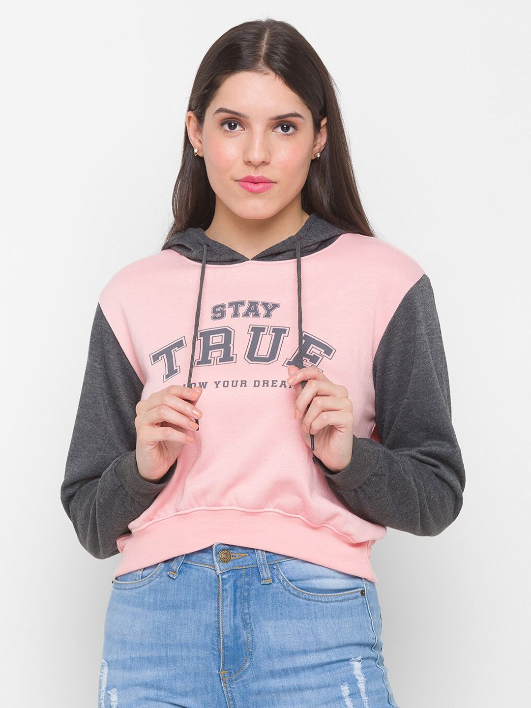 Globus Women Pink & Grey Colorblocked Printed Hooded Sweatshirt Price in India