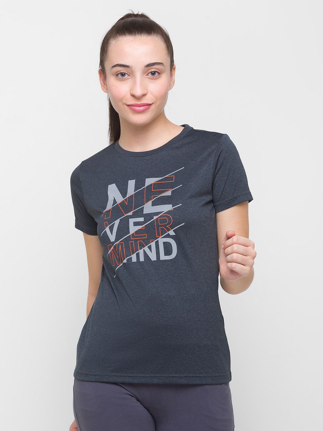 Globus Women Navy Blue & Grey Typography Printed T-shirt Price in India