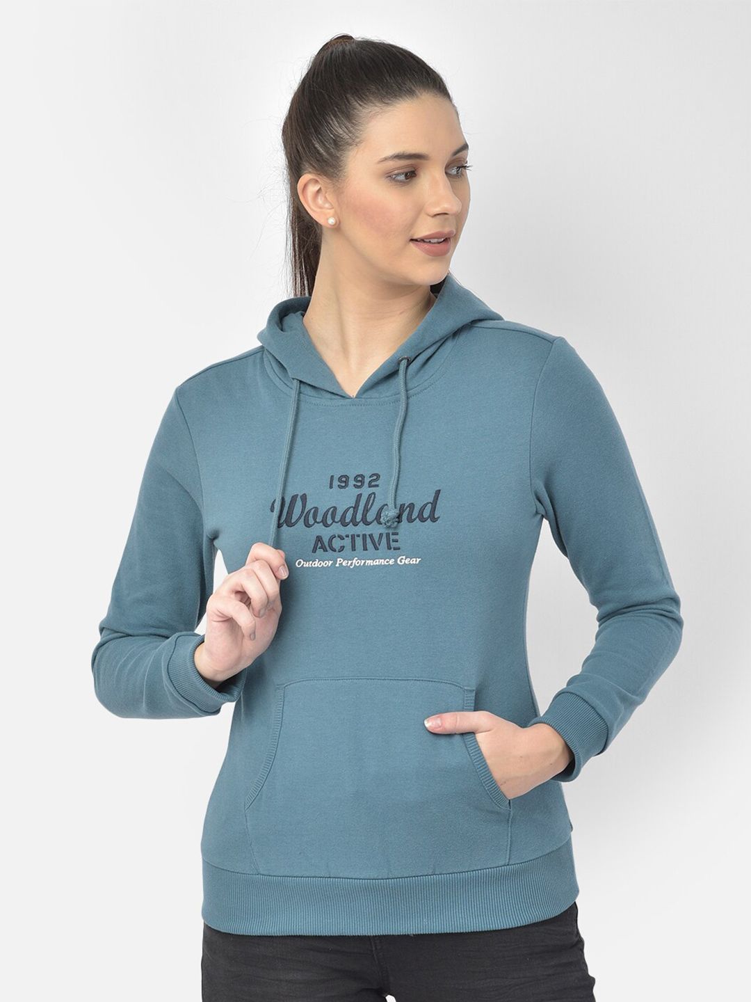 Woodland Women Blue Printed Hooded Sweatshirt Price in India