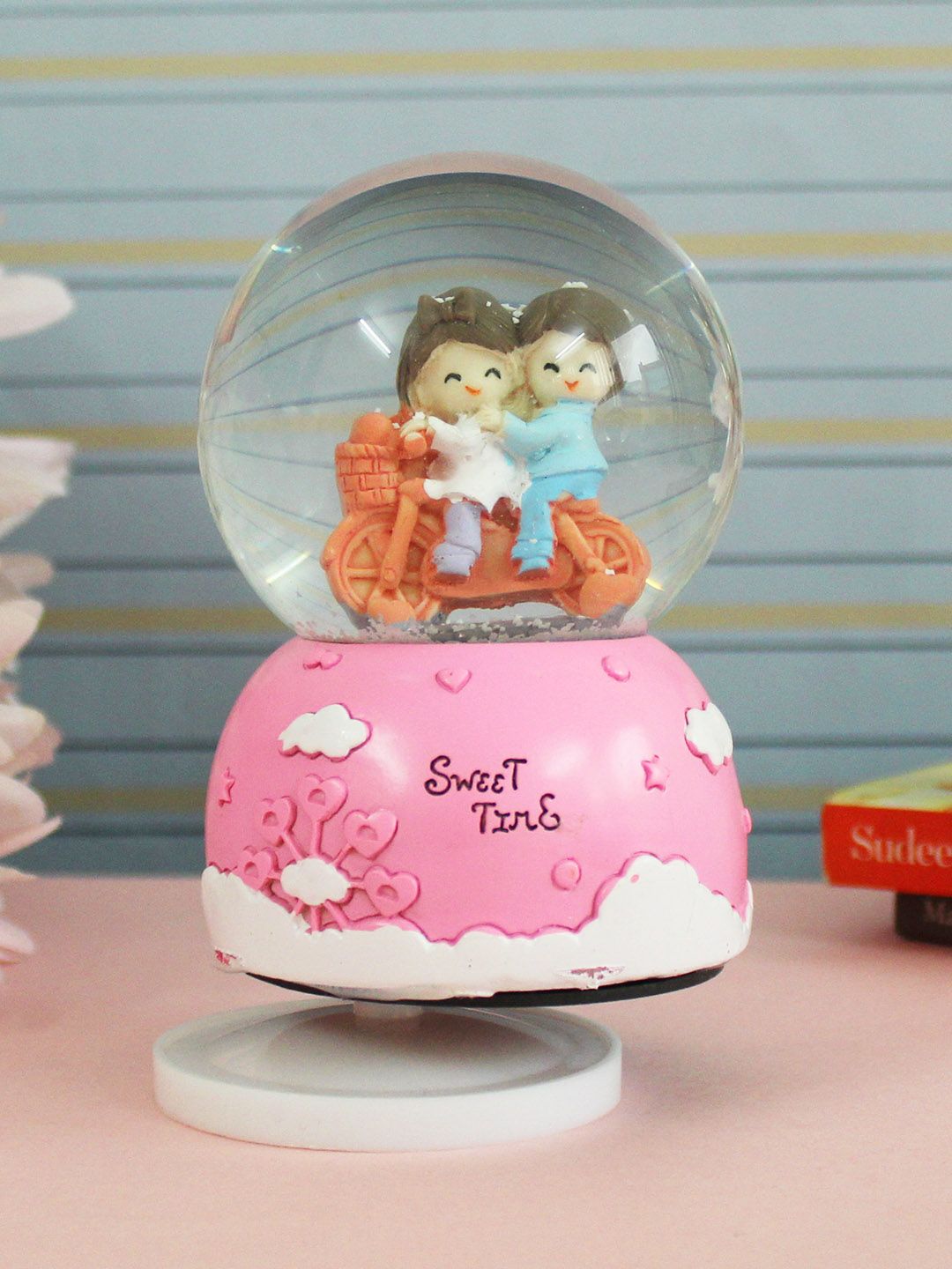 TIED RIBBONS Pink & Green Rotating Snow Globe With Romantic Music Decorative Showpiece Price in India