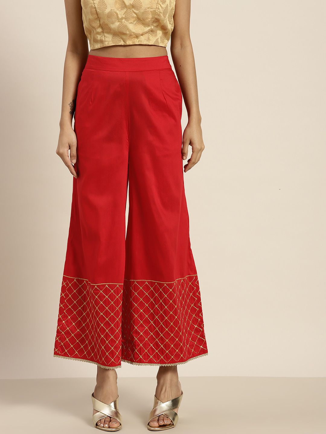 Sangria Women Red Ethnic Palazzos with Gota Patti Detail Price in India