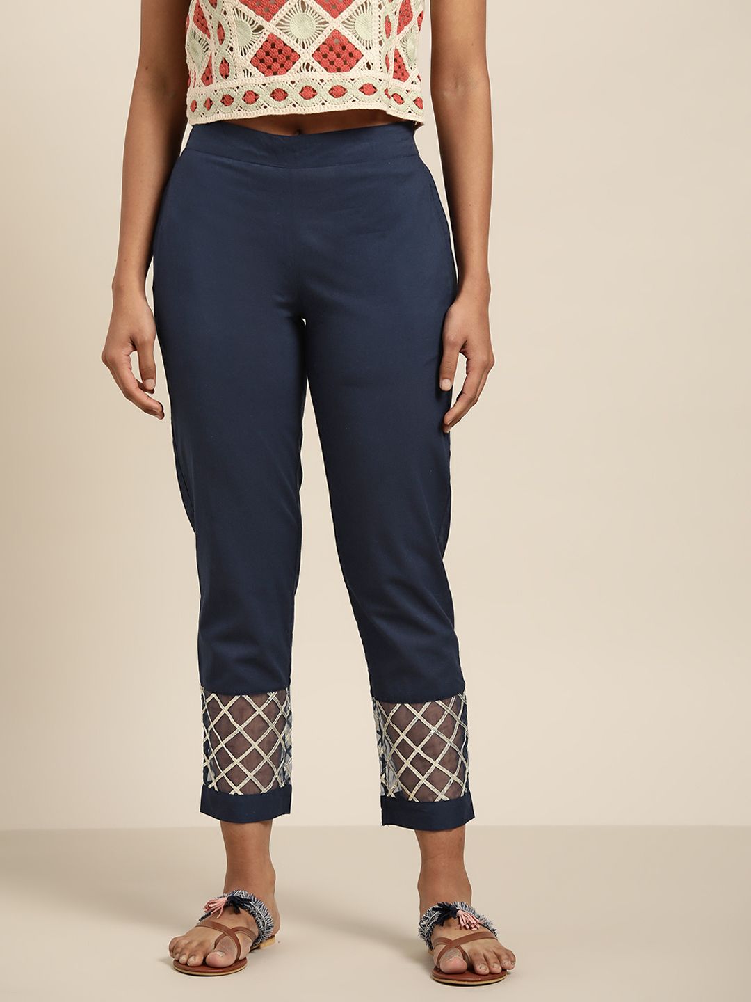 Sangria Women Navy Blue Solid Cotton Gotta Patti Detail Trousers Price in India
