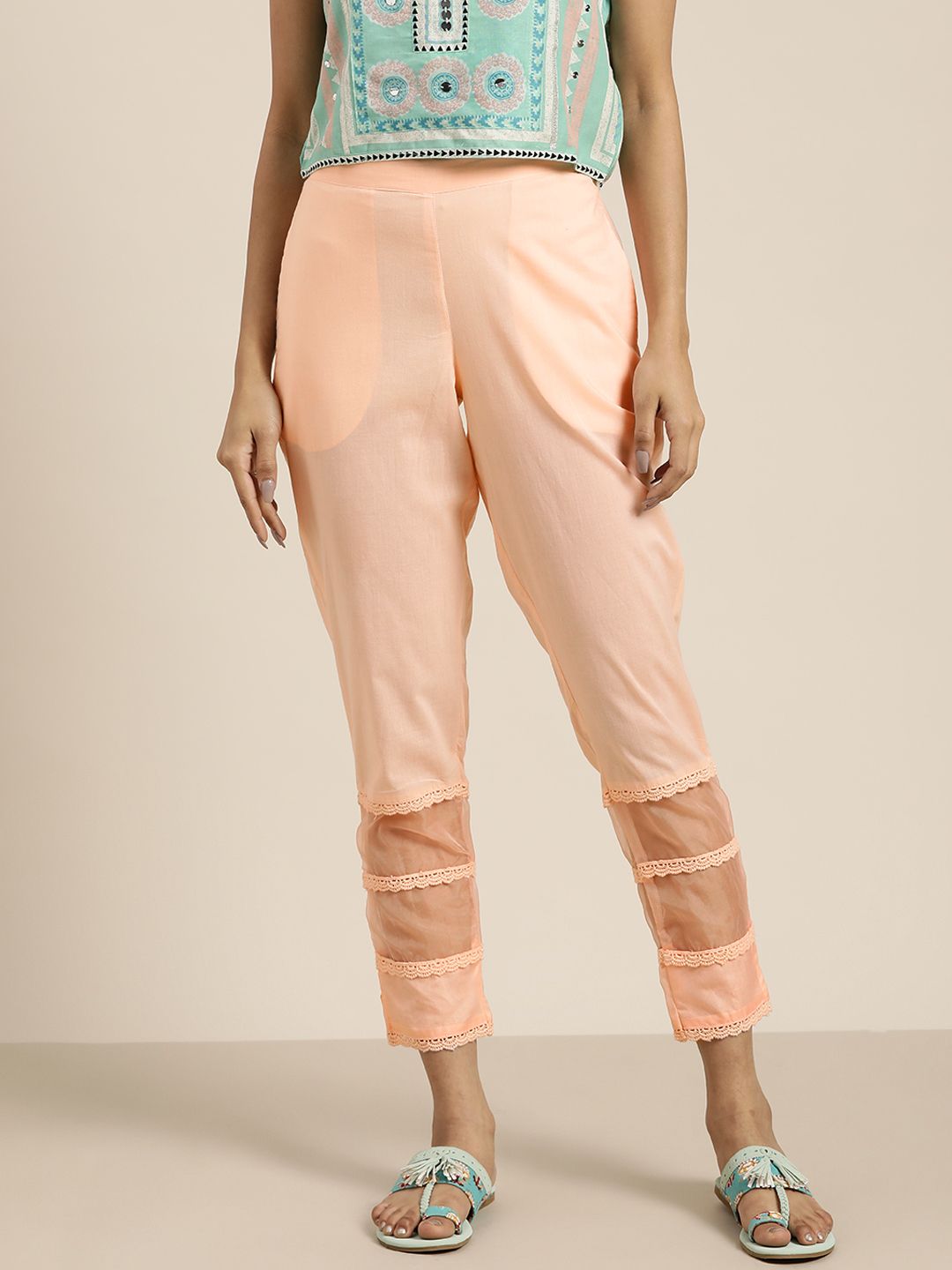 Sangria Women Peach-Coloured Solid Trousers with Lace Inserts Price in India