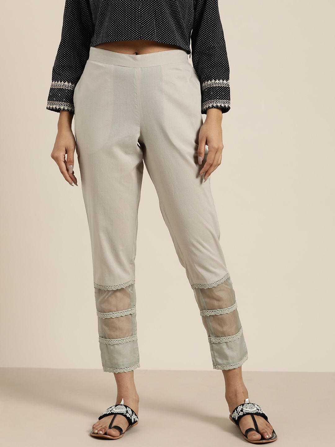 Sangria Women Grey Solid Trousers with Lace Inserts Price in India