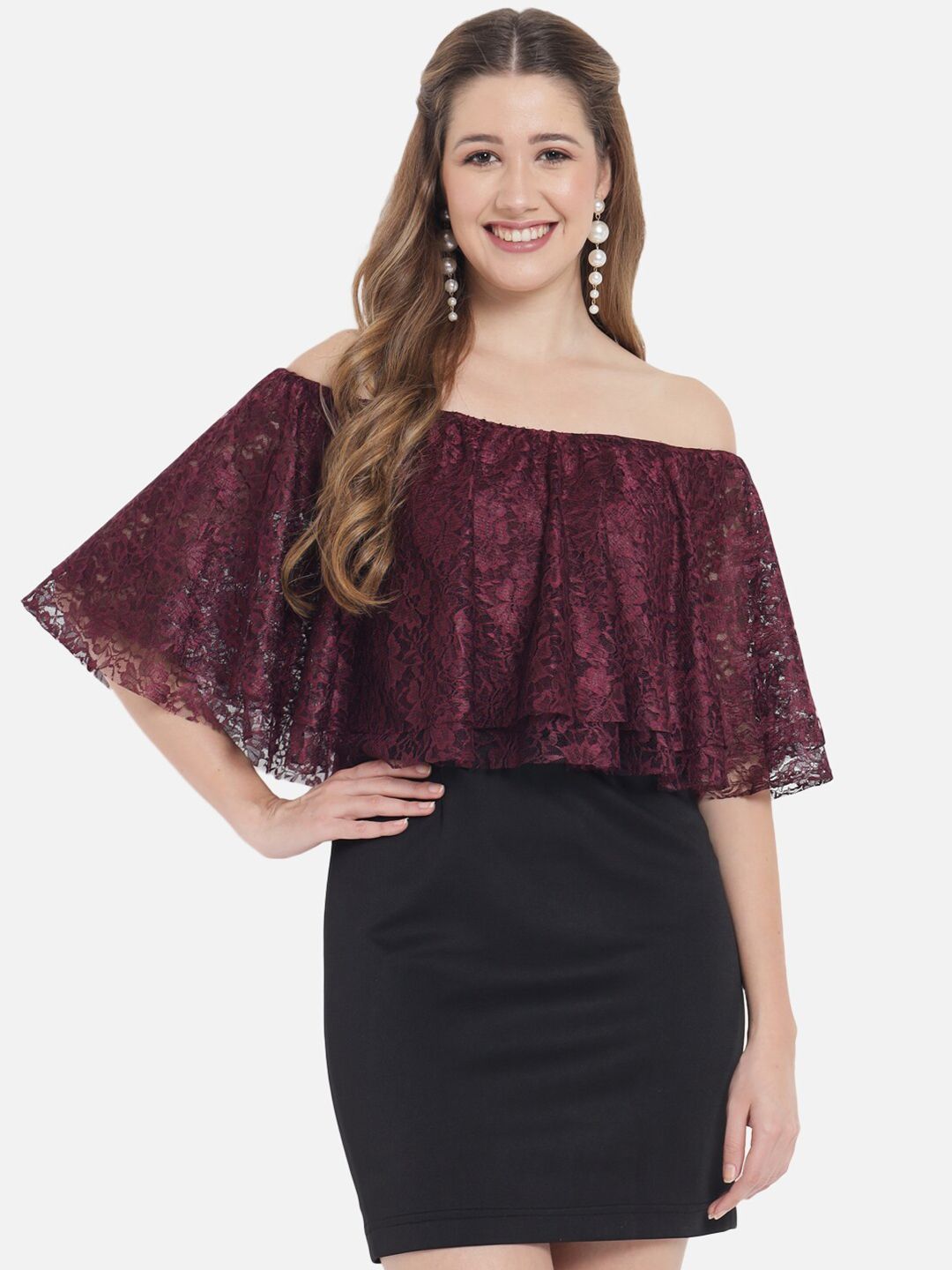 Just Wow Maroon Off-Shoulder Sheath Dress Price in India