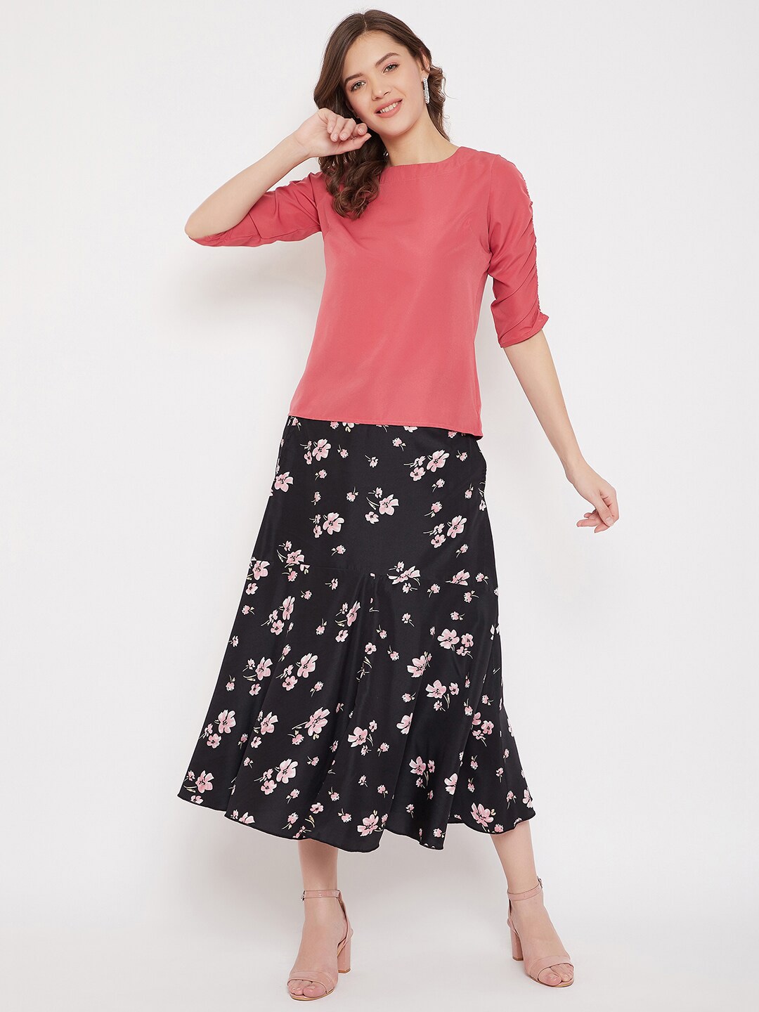 Bitterlime Women Coral & Black Top with Skirt Price in India