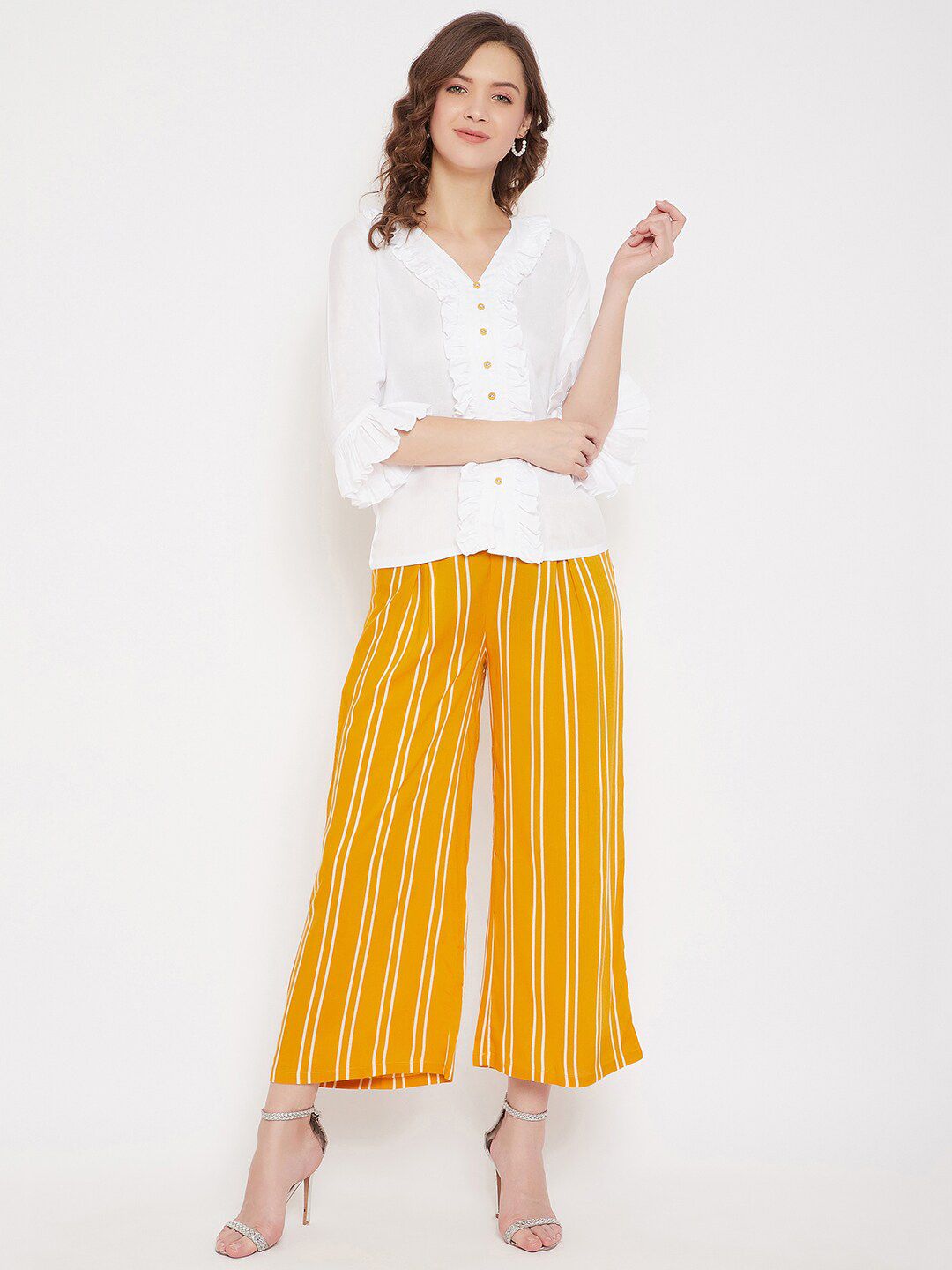 Bitterlime Women White & Mustard Top with Palazzos