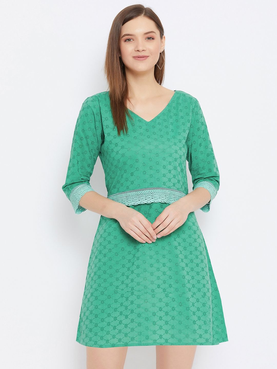 Bitterlime Green Schiffli Embroidered Dress Price in India