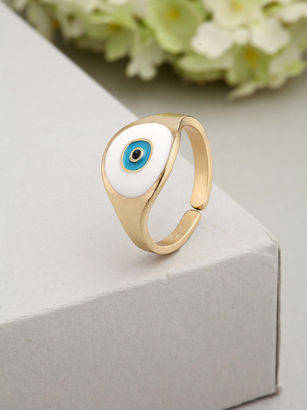 Ferosh Gold-Plated White & Blue Evil Eye Finger Ring Price in India