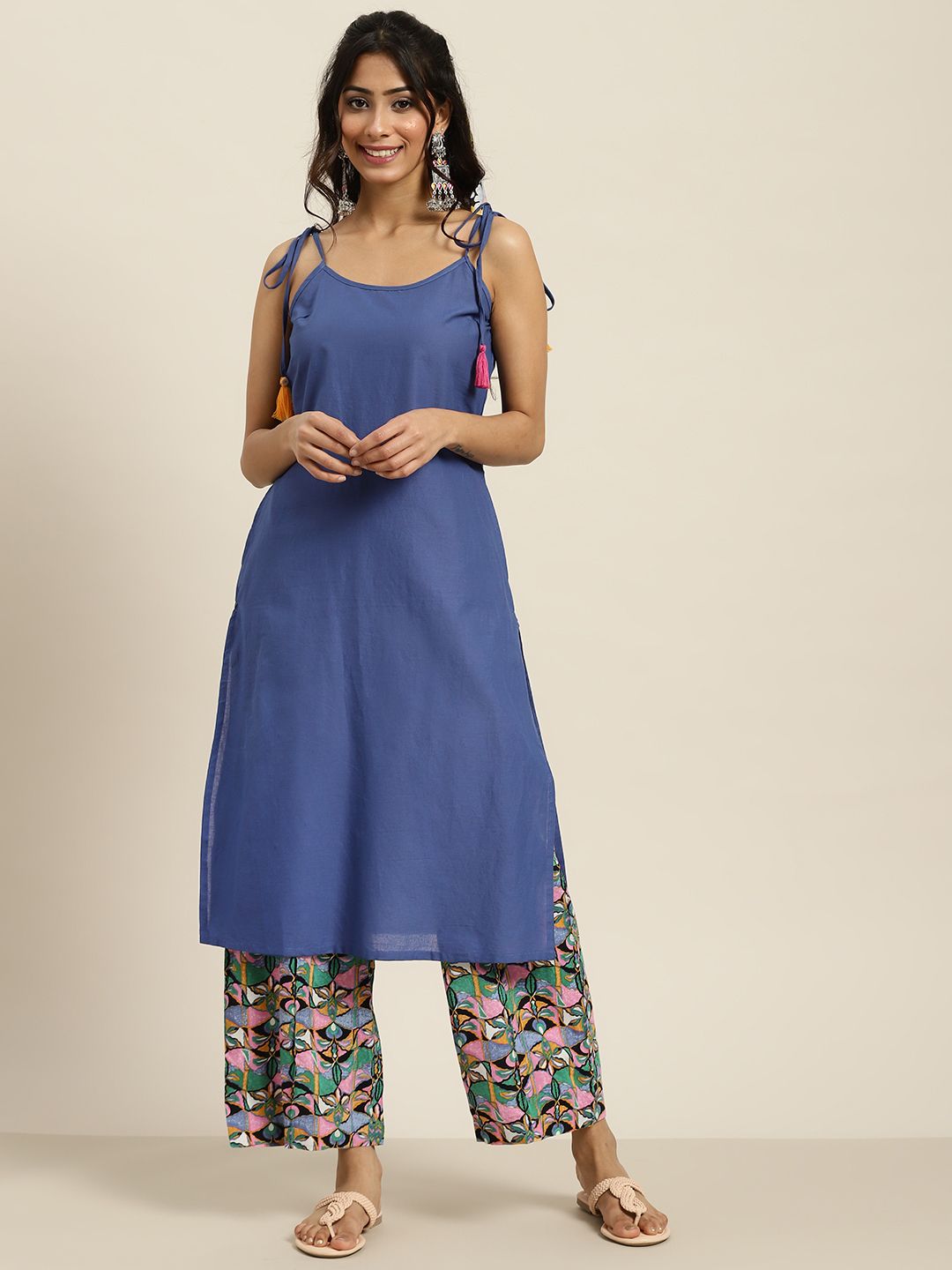 Sangria Women Navy Blue Ethnic Motifs Printed Pure Cotton Kurta with Palazzos Price in India