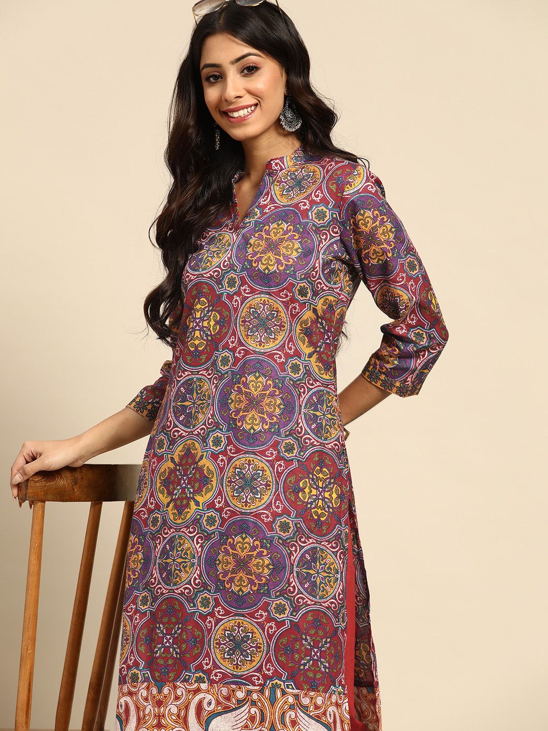 Sangria Women Purple & Maroon Ethnic Motifs Printed Pure Cotton Kurta Price in India