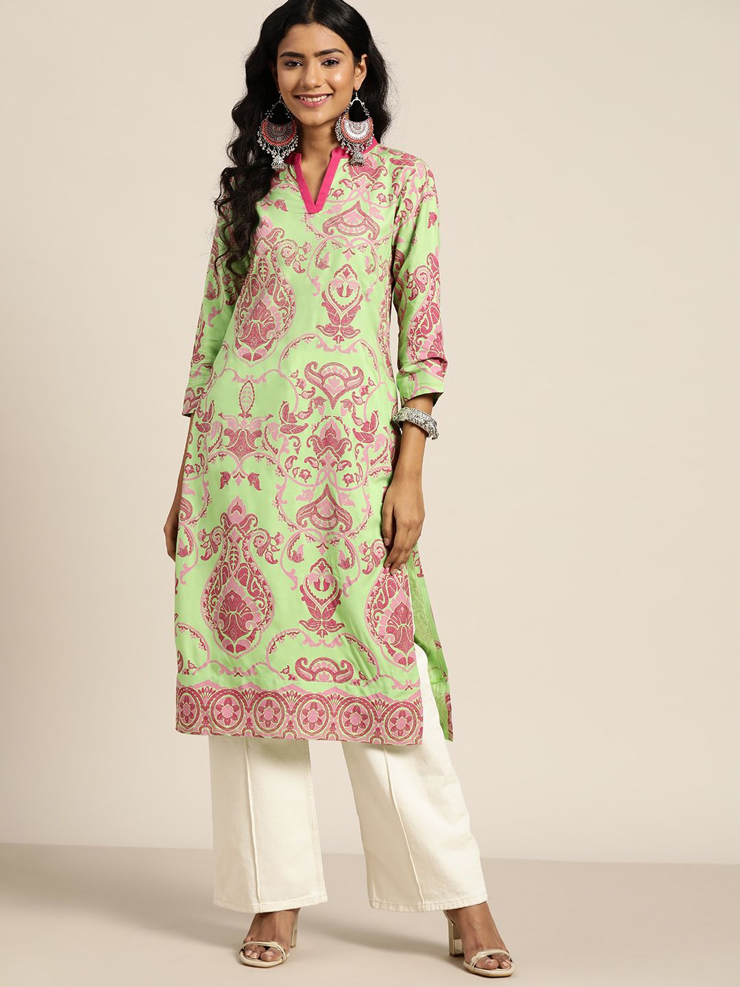 Sangria Women Green & Pink Ethnic Motifs Printed Kurta Price in India