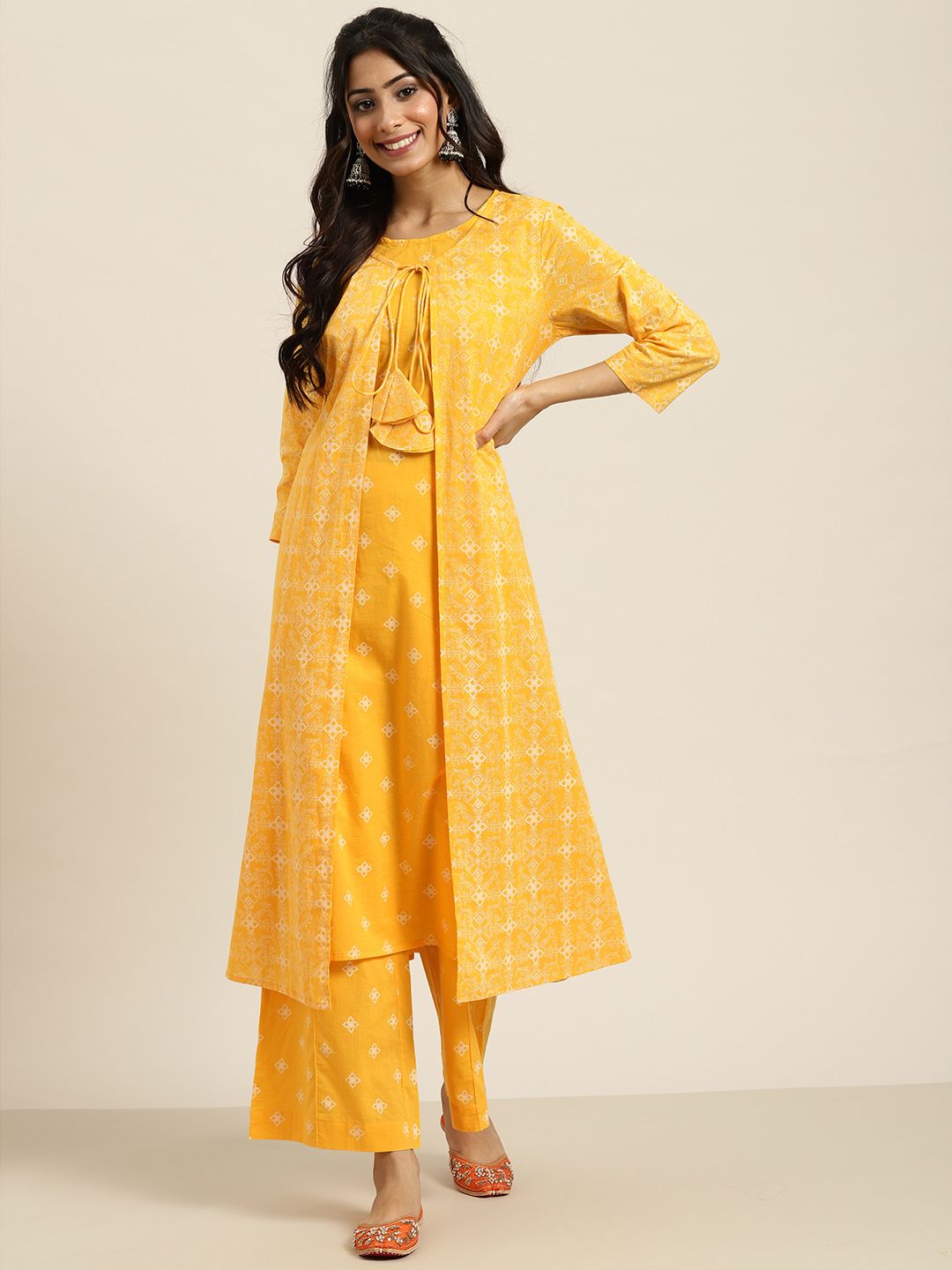 Sangria Women Yellow & White Ethnic Motifs Printed Pure Cotton Layered Kurta with Palazzos Price in India