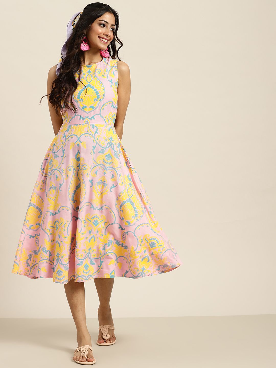 Sangria Lavender & Yellow Ethnic Motifs A-Line Midi Dress Price in India